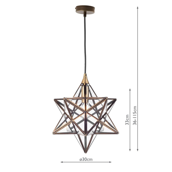 Wisząca lampa metalowa szklana Ilario ILA0175 gwiazda czarna mosiądz