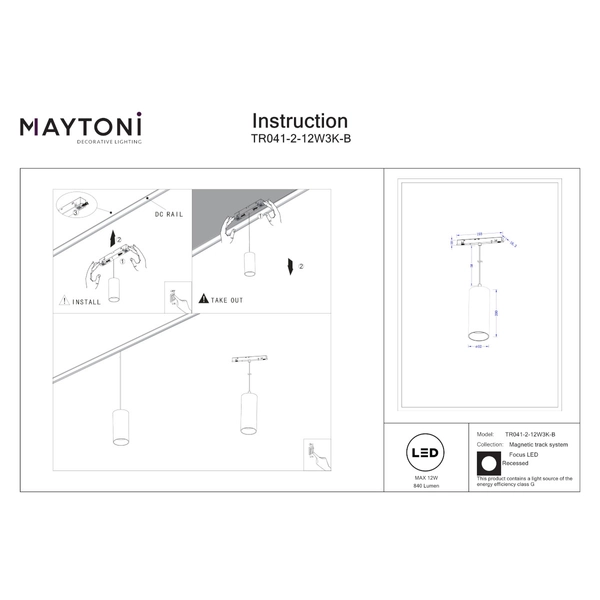 Podwieszana lampa magnetyczna Focus TR041-2-12W3K-B LED 12W 3000K do szyn czarna