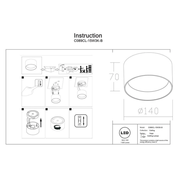 Lampa downlight Vega C089CL-15W3K-B Maytoni LED 15W 3000K krążek czarna