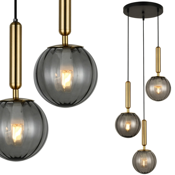 Loftowa LAMPA wisząca RAVENA PND-2324-3A BRO+SG Italux szklana OPRAWA balls ZWIS kaskada kule mosiądz przydymione