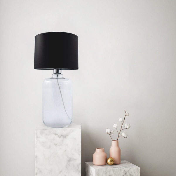 lampa stołowa z abażurem SAMASUN 5501BK na komodę czarna przezroczysta