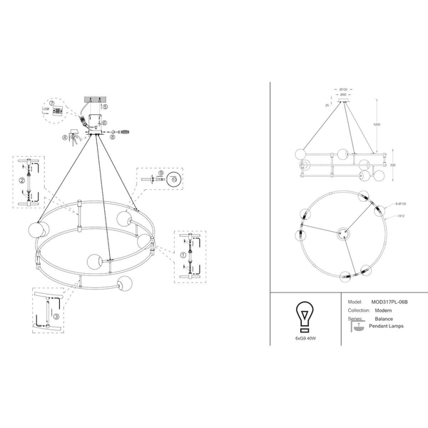 Wisząca lampa Balance MOD317PL-06B Maytoni spirala kule asymetryczna czarna