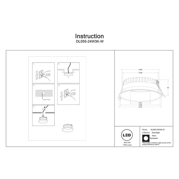 Wpuszczana lampa do salonu Okno DL055-24W3K-W LED 24W 3000K IP44 biała