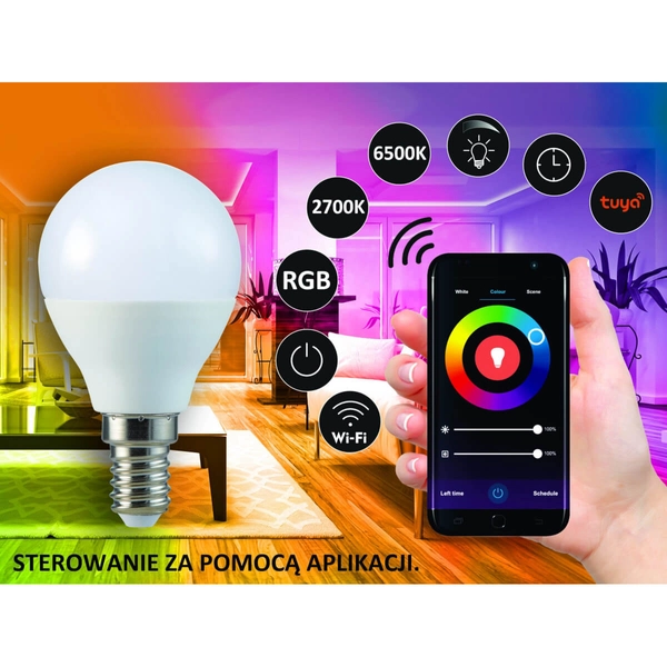Żarówka sterowana aplikacją TUYA 313799 E14 5,5W 3000-6000K+RGB kulka biała