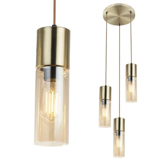 Wisząca LAMPA loftowa ANNIKA 21000-3HM Globo szklana OPRAWA kaskada ZWIS tuby mosiężne bursztynowe