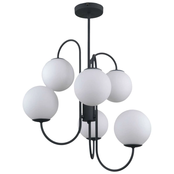Sufitowa LAMPA modernistyczna GELA PND-5500-6-BK Italux metalowa OPRAWA szklane kule molekuły balls grafitowe białe