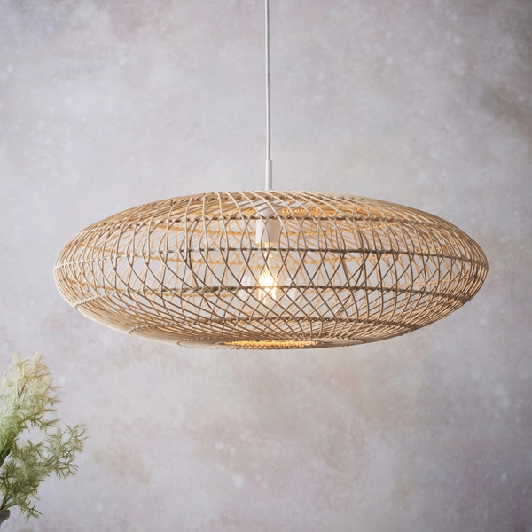 Okrągła lampa wisząca boho L&-198476 Light& rattanowa beżowa biała