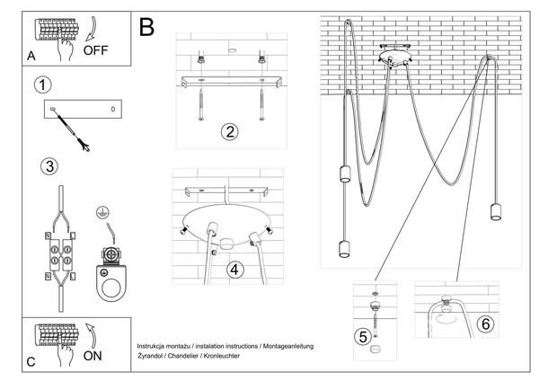 LAMPA wisząca SL.0370 industrialna OPRAWA pająk ZWIS kable przewody żarówki bulbs loft czarny