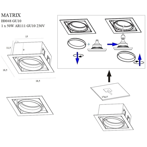 Sufitowa oprawa wpustowa MATRIX H0048 Maxlight metalowa czarna