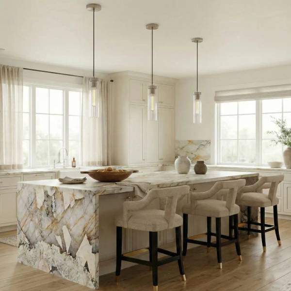 Podłużna lampa wisząca QUINCY nikiel satynowy szklany metalowy E27 do jadalni P01828NS