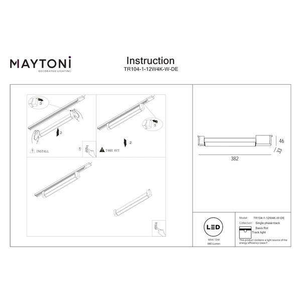 Lampa do szyn 1-fazowych Basis TR104-1-12W4K-W-DE LED 12W 4000K podłużna biała