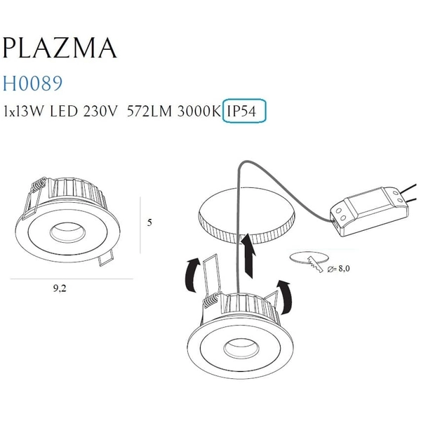 Lampa wpustowa do przedpokoju PLAZMA H0089 LED 13W 3000K IP54 metal biała