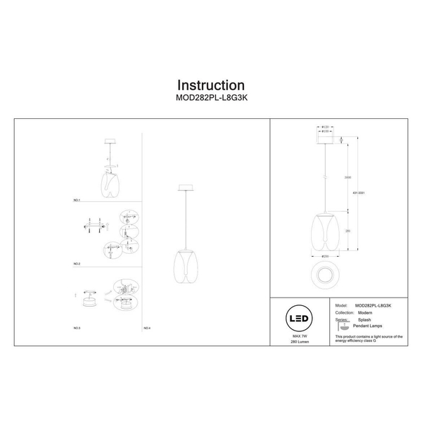 Lampa wisząca Splash MOD282PL-L8G3K LED 7W 3000K bańka złota przydymiona