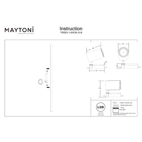 Szynowa 1-fazowa lampa sufitowa Vuoro TR003-1-6W3K-S-B LED 6W 3000K czarna