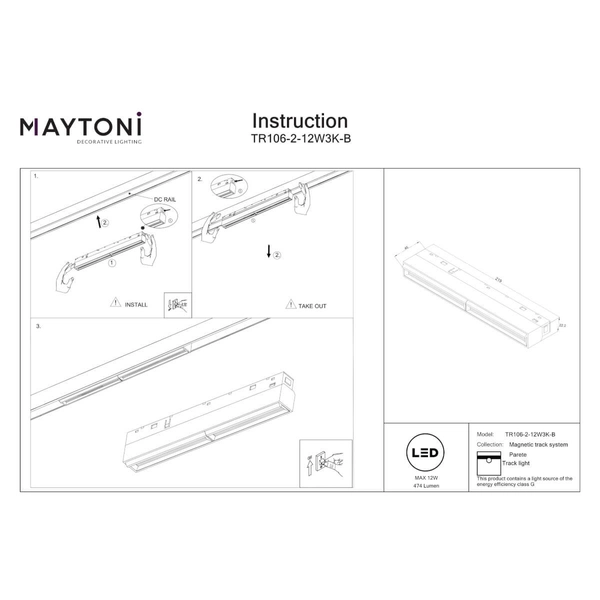 Sufitowa lampa do szyny Parete TR106-2-12W3K-B LED 12W 3000K czarny