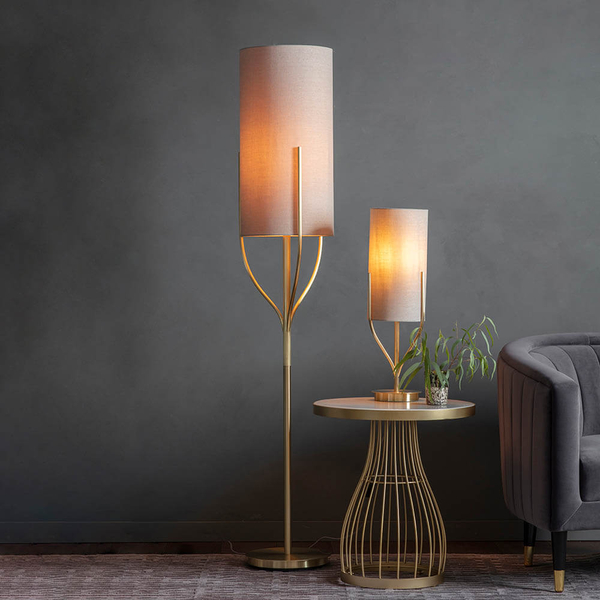 Podłogowa lampa do salonu Fraser 95466 z abażurem mosiądz beżowy
