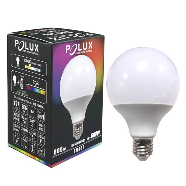 Żarówka RGB 311436 Polux G95 RGB E27 kulka LED 9W 806lm 230V biała ciepła