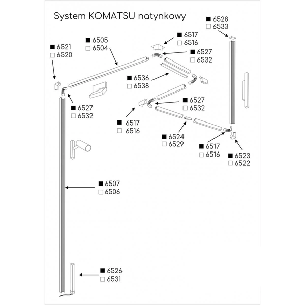 Zasilająca końcówka Komatsu 6526 Shilo do szyny magnetycznej czarna