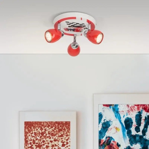 Potrójna lampa sufitowa Racing G56134/71 auto do pokoju dziecięcego czerwona