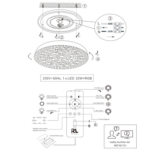 Ozdobny plafon Chizu R67161131 RL Light LED 22W 2700-6000K RGB biała