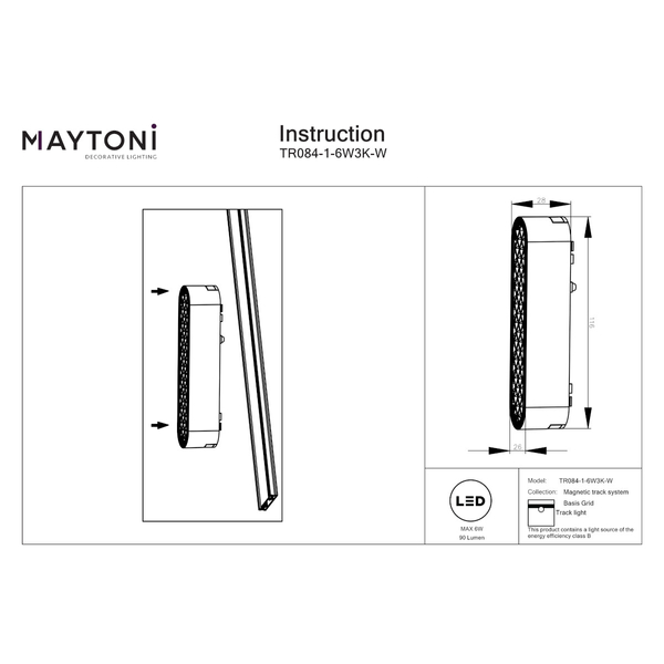 Lampa do szyny magnetycznej Basis TR084-1-6W3K-W LED 6W 3000K podłużna biała