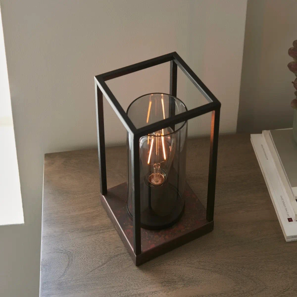 Industrialna stołowa lampa Caleb 93036 ramka czarna brązowa