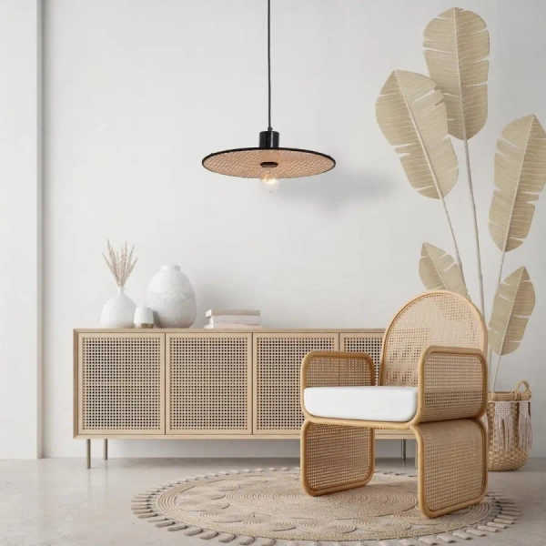 Naturalna wisząca lampa 22173 okrągła bambus rattan czarny beżowy