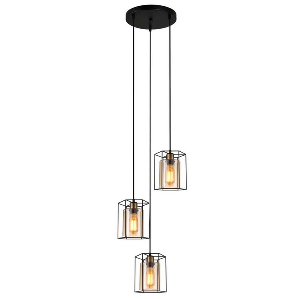 3-płomienna lampa wisząca Kalula PND-78901-3A-BK+AMB do jadalni czarna bursztynowa