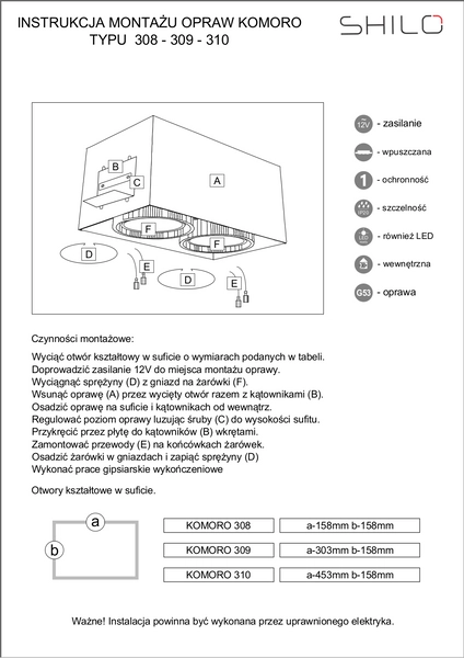 Oczko LAMPA podsufitowa KOMORO 3310 Shilo prostokątna OPRAWA podtynkowa do zabudowy WPUST czarny