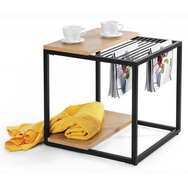 Drewniany stolik Galler 1522 King Home metalowy gazetnik dąb czarny