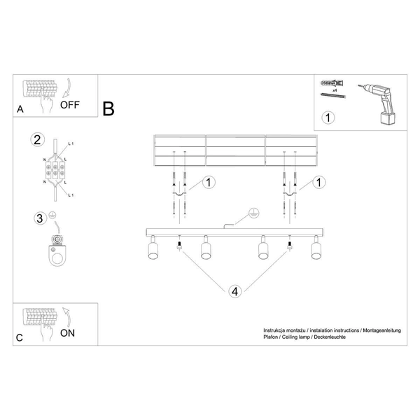 Lampa nasufitowa na listwie Verdo SL.1294 do kuchni drewniana czarna