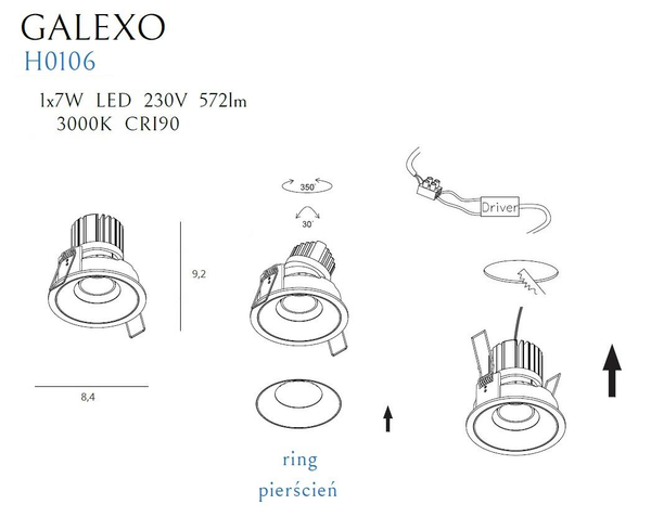 Zestaw biały wpust Galexo H0106 + RH0106/H0107 BLACK Maxlight LED 7W 3000K pierścień czarny