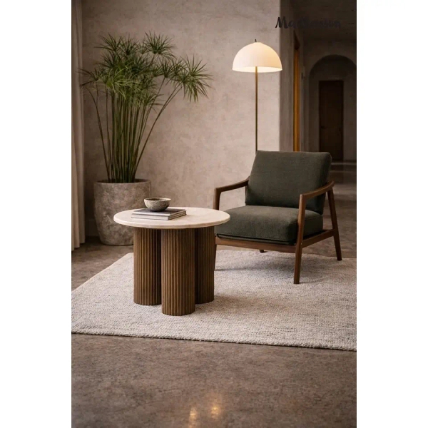 Beżowy stolik kawowy RAGNO MM001501100333 brązowy drewno dekor marmuru 50cm