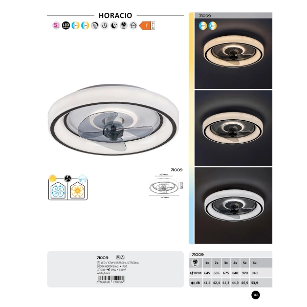 Wentylator z lampą LED Horacio czarny biały 71009 67W 3000-6000K CCT z pilotem