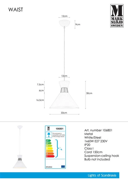 Wisząca lampa skandynawska WAIST 106801 Markslojd stożkowa biała