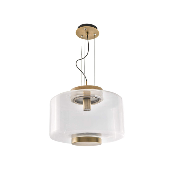 Szklana lampa wisząca Sorel okrągła przezroczysta drewno