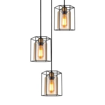 3-płomienna lampa wisząca Kalula PND-78901-3A-BK+AMB do jadalni czarna bursztynowa