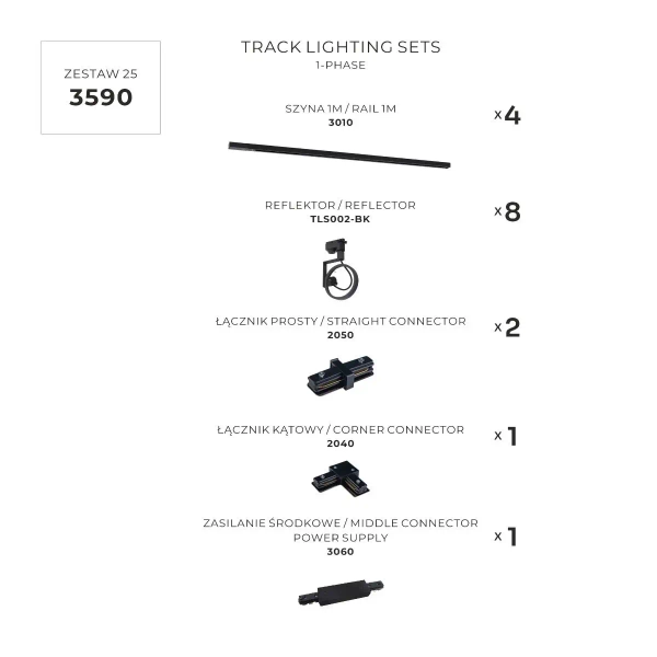 Kątowy jednofazowy zestaw szynowy 3590 8xGU10 czarny
