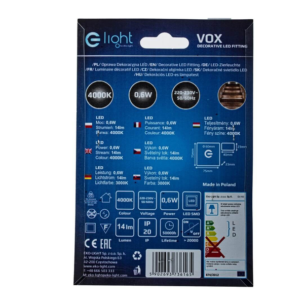 Ścienna lampa schodowa Vox EKS6165 Eko-light LED 0,6W 4000K biała srebrna