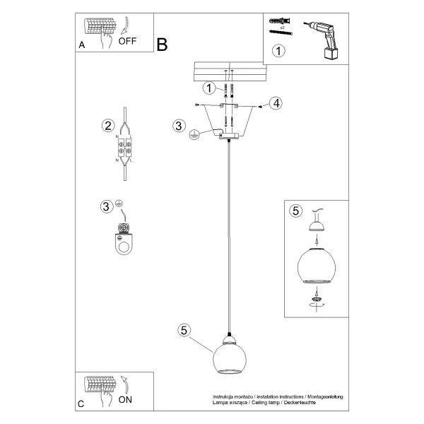 Industrialna lampa wisząca ALINO SL.1141 szklana kula czarna przydymiona