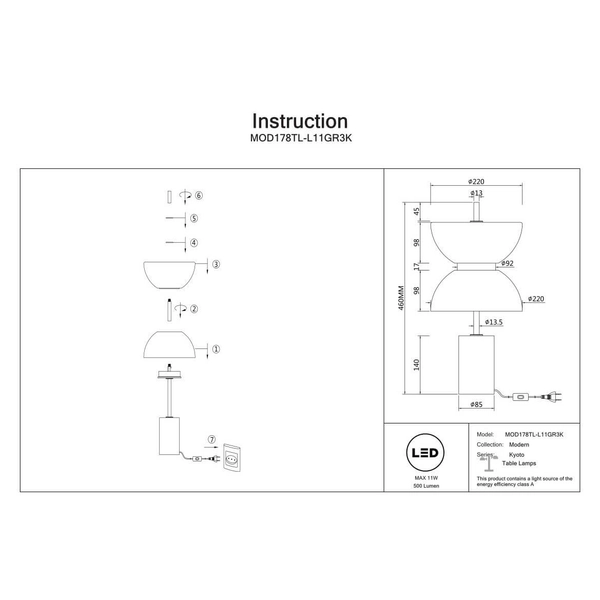 Nocna lampa salonowa Kyoto MOD178TL-L11GR3K LED 11W 3000K złota biała szara