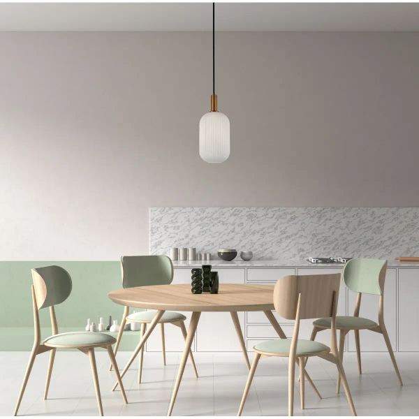 Szklana lampa wisząca Della PND-31982-1A-GD ryflowana biała złota