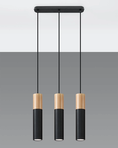 Wisząca LAMPA skandynawska SL.0634 metalowa OPRAWA hygge ZWIS tuby drewniane czarne
