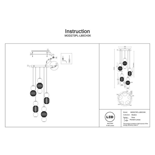 Szklana lampa wisząca Drop MOD273PL-L80CH3K LED 80W 3000K chrom dymiony