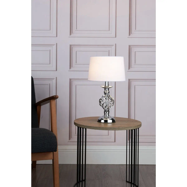 Abażurowa lampa stołowa Iffley IFF4150 do salonu tkaninowa biała chrom