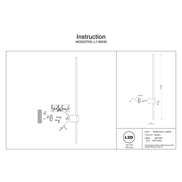 Lampa ścienna Light stick MOD237WL-L11BS3K LED 10W 3000K pręt mosiądz
