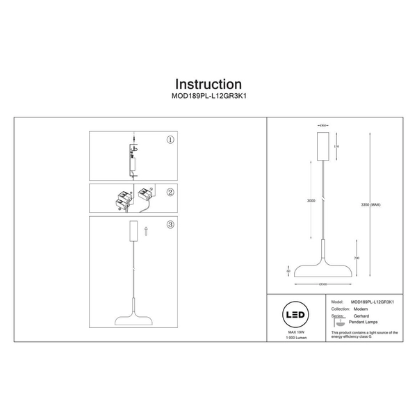 Wisząca lampa ledowa Gerhard MOD189PL-L12GR3K1 Maytoni LED 19W 3000K szara