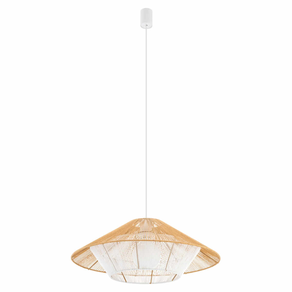 Drewniana zwisająca lampa Japandi 11157 parasol cage sznurek metalowa biała