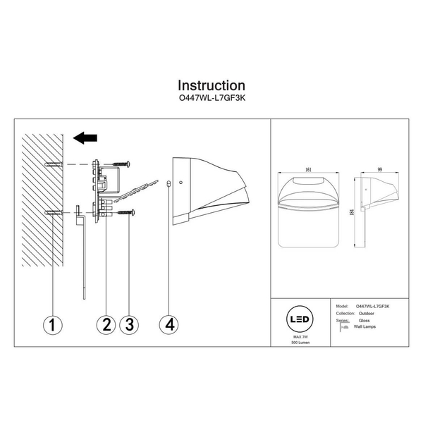 Ścienna lampa elewacyjna Gloss O447WL-L7GF3K LED 7W 3000K IP65 grafitowa