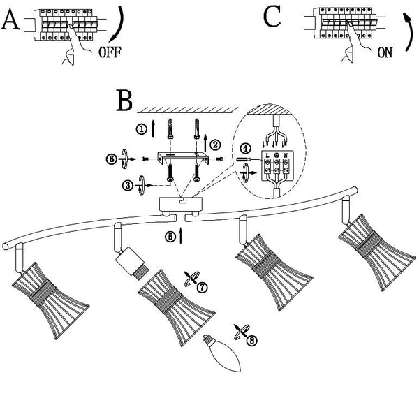 Rustykalna LAMPA plafon PURRA 54814-4 Globo regulowana OPRAWA sufitowa druciane klatki czarne złote